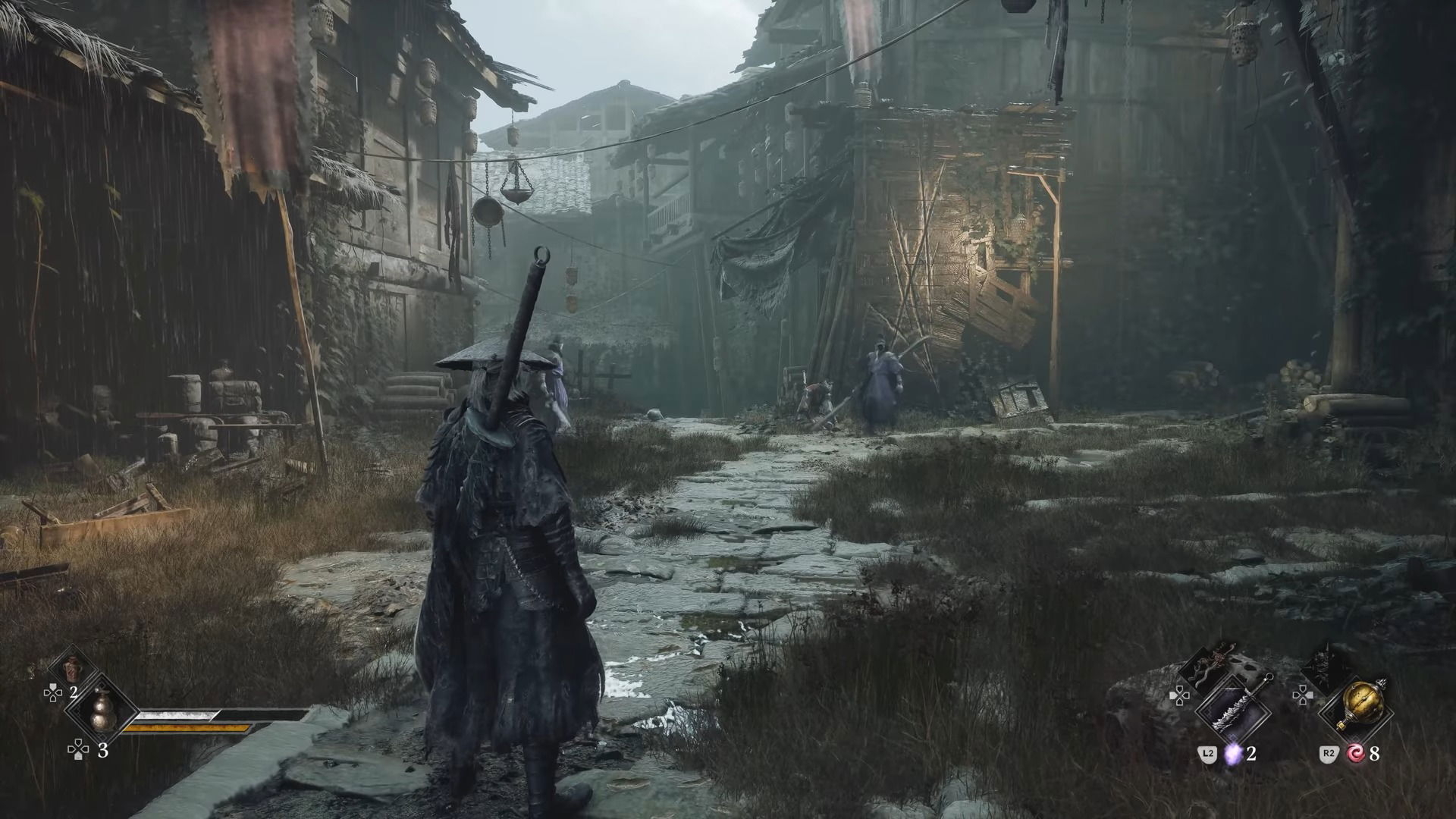 Phantom Blade Zero exploration screenshot showing Soul walking through a ruined village